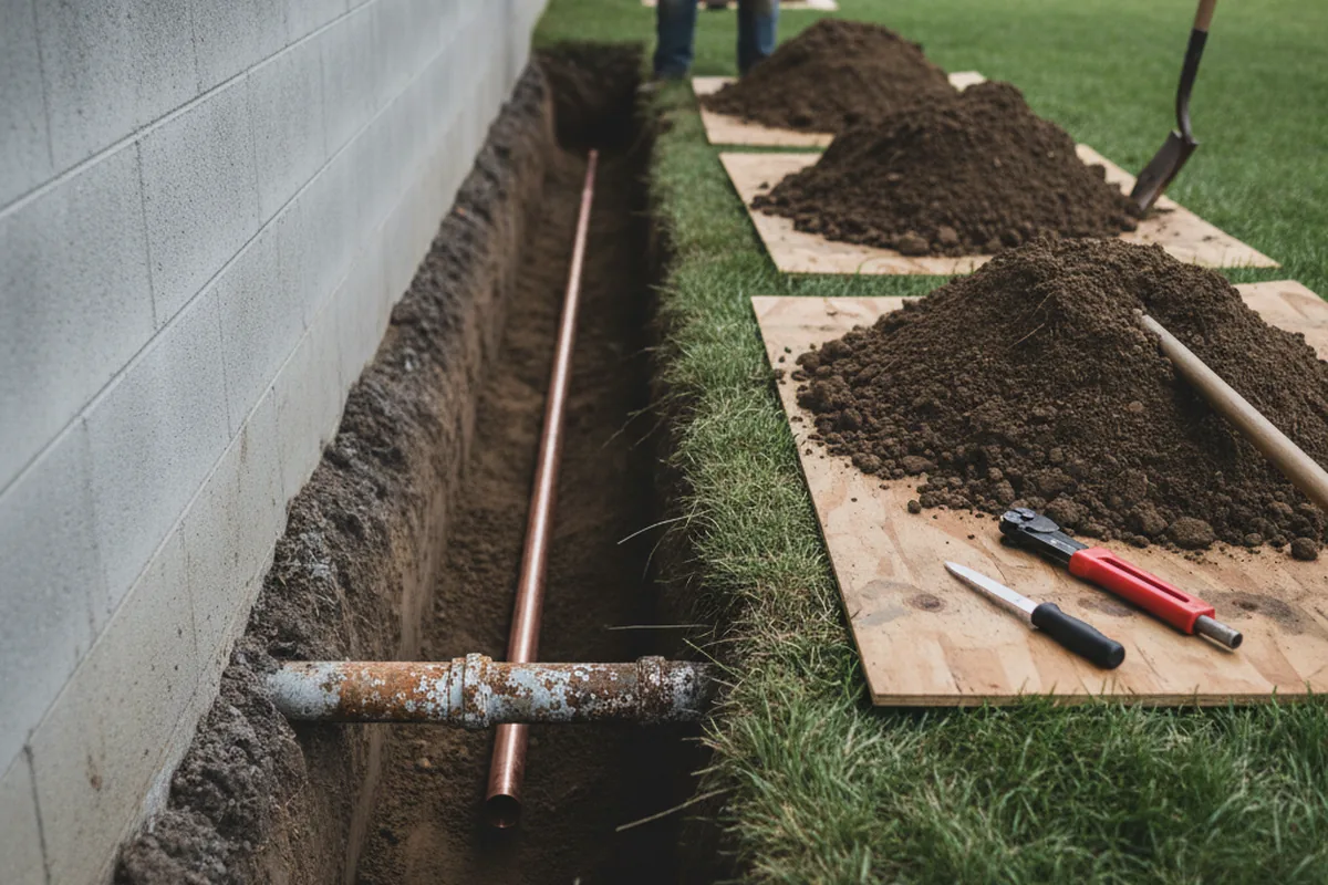 Excavated water line trench during Sewer Line Repair in Playa Vista
